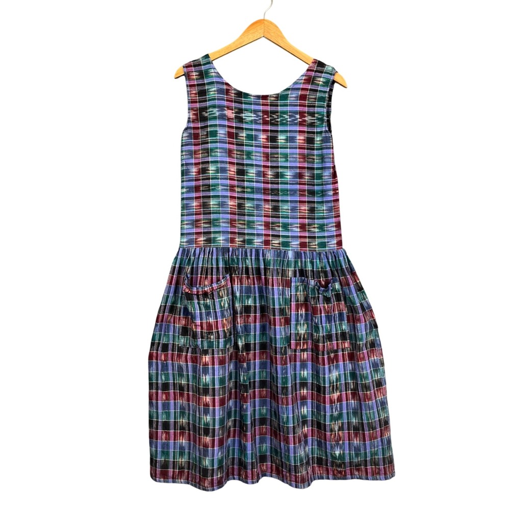 Vtg 90s Artesania Dress Womens XS Plaid Pocket Sleeveless Guatemalan Cotton Boho